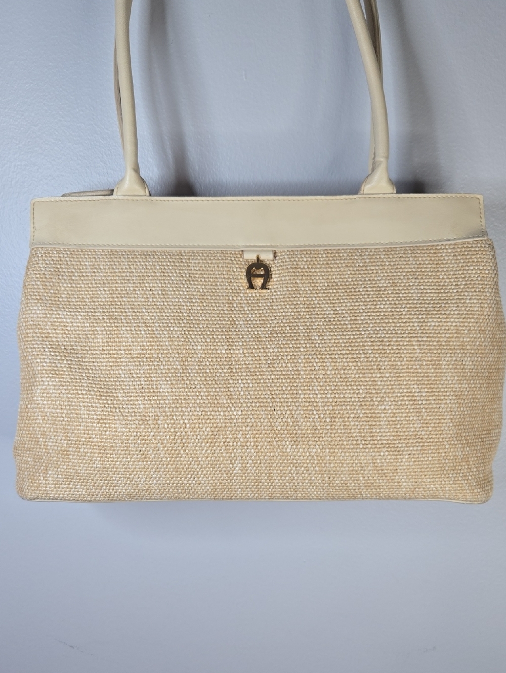 Etienne Aigner Vintage Cream/Tan Woven Jute Zipper Shoulder Satchel Bag